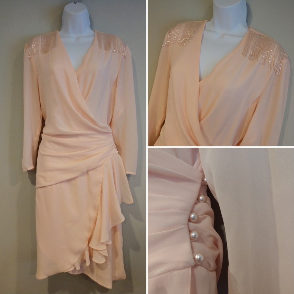 Vtg 80s blush wrap cocktail dress Abby Kent ruched